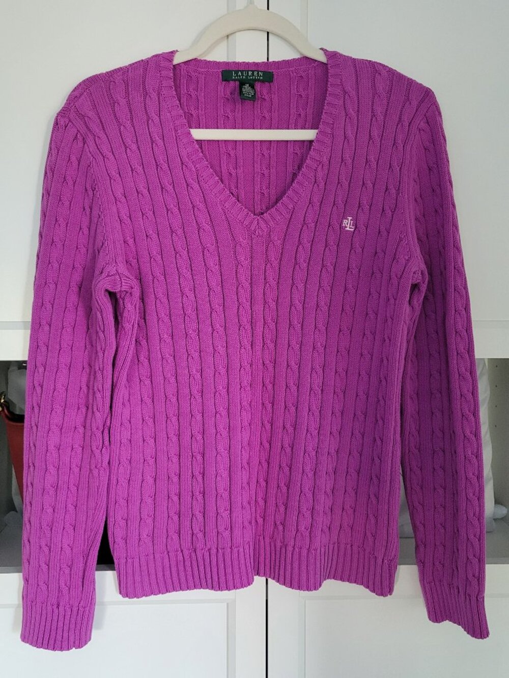 LAUREN RALPH LAUREN Cable Knit V-Neck Purple Cotton Sweater Women's Size M